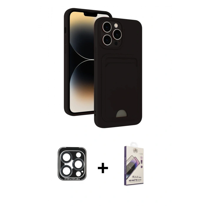 MARSİLYAN™- iPhone 15 Pro Max Kılıf Vadi Çizgi Prime - Siyah Bilvis 3D Mat Cam Ekran Koruyucu + PVD Metal Kamera Lens - LT