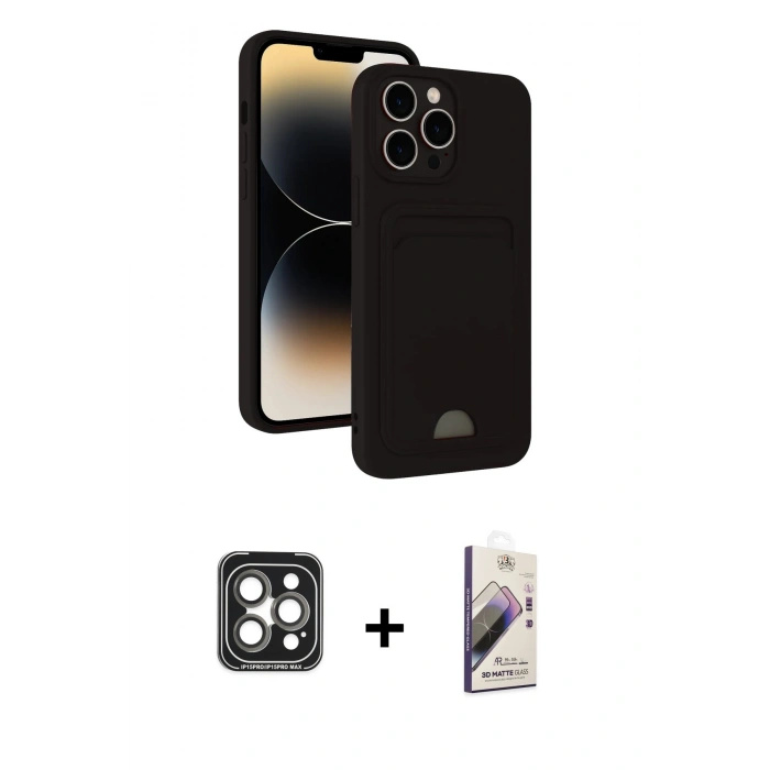 MARSİLYAN™- iPhone 15 Pro Max Kılıf Vadi Çizgi Prime - Siyah Bilvis 3D Mat Cam Ekran Koruyucu + PVD Metal Kamera Lens - GI