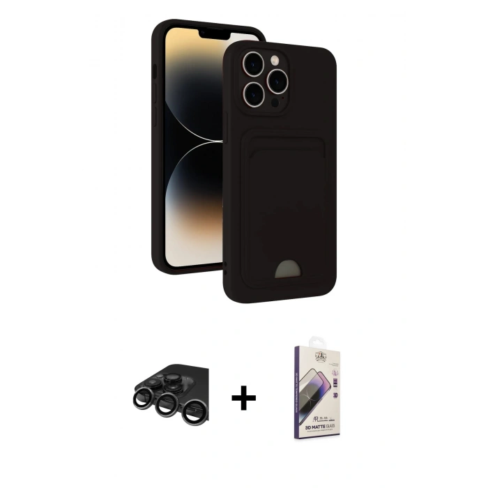 MARSİLYAN™- iPhone 15 Pro Max Kılıf Vadi Çizgi Prime - Siyah Bilvis 3D Mat Cam Ekran Koruyucu + Raze Metal Kamera Lens - TMGI