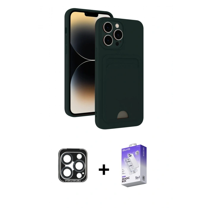 MARSİLYAN™- iPhone 15 Pro Max Kılıf Vadi Çizgi Prime - Siyah Bilvis 5in1 3D Magic Cam Ekran Koruyucu + PVD Metal Kamera Lens - LT