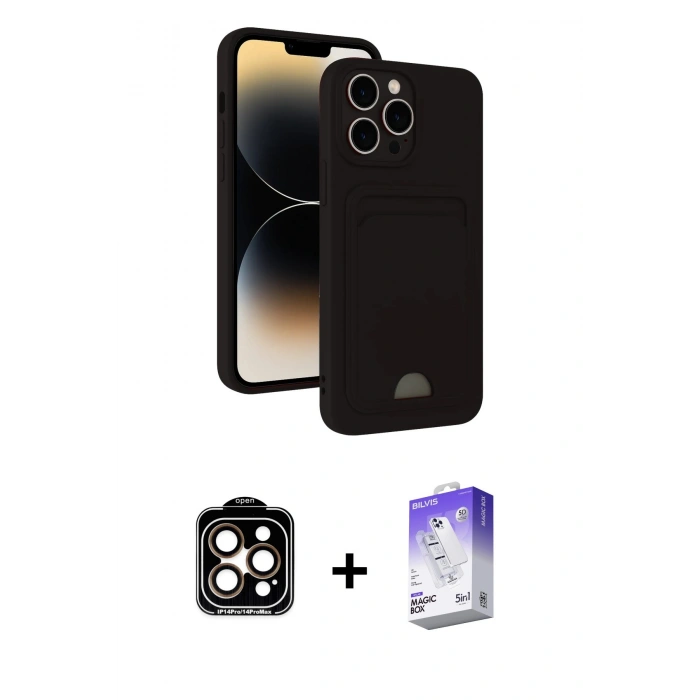MARSİLYAN™- iPhone 15 Pro Max Kılıf Vadi Çizgi Prime - Siyah Bilvis 5in1 3D Magic Cam Ekran Koruyucu + PVD Metal Kamera Lens - TU