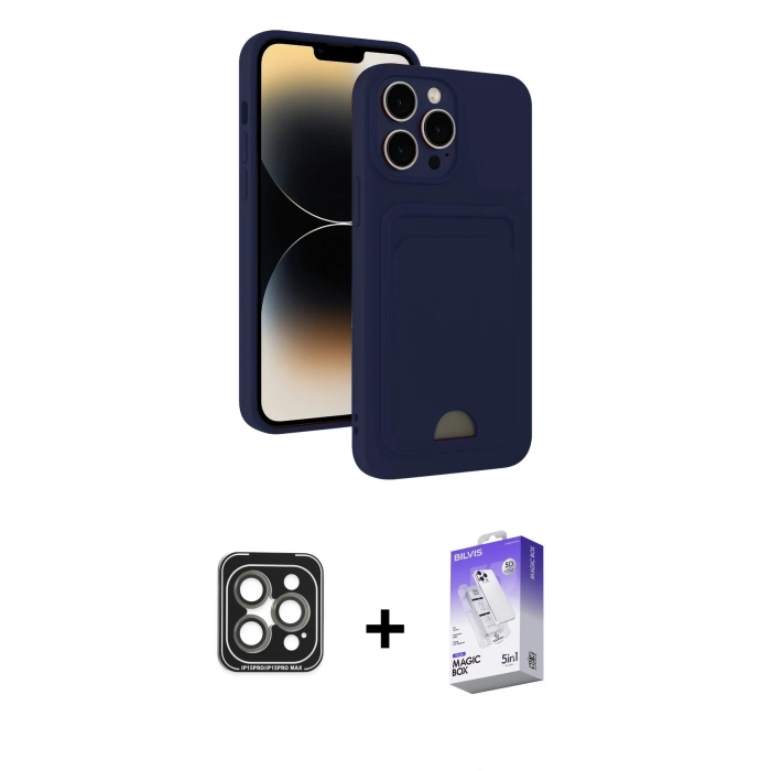 MARSİLYAN™- iPhone 15 Pro Max Kılıf Vadi Çizgi Prime - Siyah Bilvis 5in1 3D Magic Cam Ekran Koruyucu + PVD Metal Kamera Lens - GI