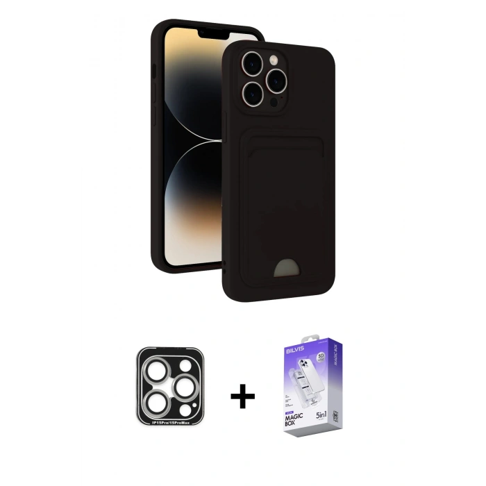 MARSİLYAN™- iPhone 15 Pro Max Kılıf Vadi Çizgi Prime - Siyah Bilvis 5in1 3D Magic Cam Ekran Koruyucu + PVD Metal Kamera Lens - GS