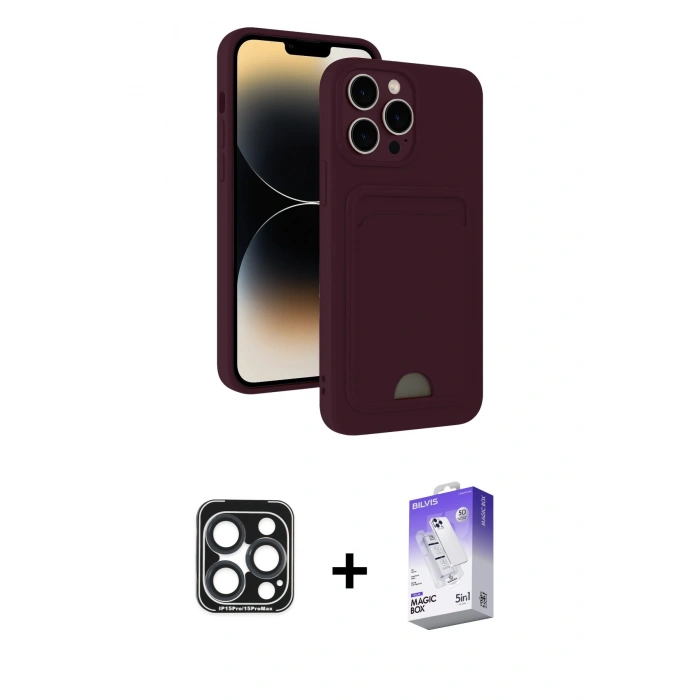 MARSİLYAN™- iPhone 15 Pro Max Kılıf Vadi Çizgi Prime - Siyah Bilvis 5in1 3D Magic Cam Ekran Koruyucu + PVD Metal Kamera Lens - LT