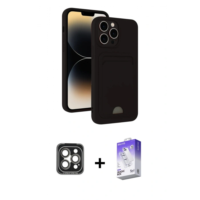 MARSİLYAN™- iPhone 15 Pro Max Kılıf Vadi Çizgi Prime - Siyah Bilvis 5in1 3D Magic Cam Ekran Koruyucu + PVD Metal Kamera Lens - GI