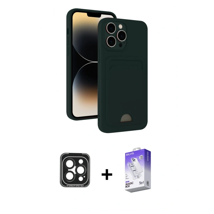 MARSİLYAN™- iPhone 15 Pro Max Kılıf Vadi Çizgi Prime - Siyah Bilvis 5in1 3D Magic Cam Ekran Koruyucu + PVD Metal Kamera Lens - SH