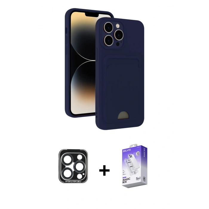 MARSİLYAN™- iPhone 15 Pro Max Kılıf Vadi Çizgi Prime - Siyah Bilvis 5in1 3D Magic Cam Ekran Koruyucu + PVD Metal Kamera Lens - LT