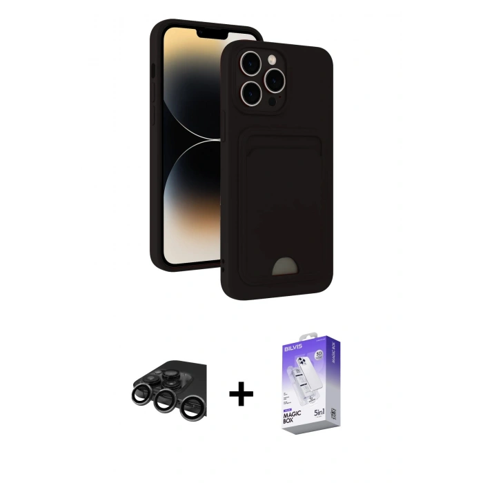 MARSİLYAN™- iPhone 15 Pro Max Kılıf Vadi Çizgi Prime - Siyah Bilvis 5in1 3D Magic Cam Ekran Koruyucu + Raze Metal Kamera Lens - TMGI