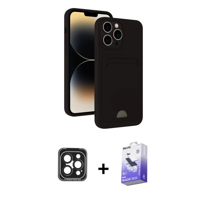 MARSİLYAN™- iPhone 15 Pro Max Kılıf Vadi Çizgi Prime - Siyah Bilvis 5in1 5D Magic Hayalet Cam Ekran Koruyucu + PVD Metal Kamera Lens - SH