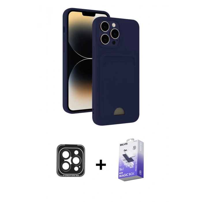 MARSİLYAN™- iPhone 15 Pro Max Kılıf Vadi Çizgi Prime - Siyah Bilvis 5in1 5D Magic Hayalet Cam Ekran Koruyucu + PVD Metal Kamera Lens - SH