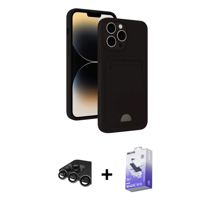 MARSİLYAN™- iPhone 15 Pro Max Kılıf Vadi Çizgi Prime - Siyah Bilvis 5in1 5D Magic Hayalet Cam Ekran Koruyucu + Raze Metal Kamera Lens - TMGI