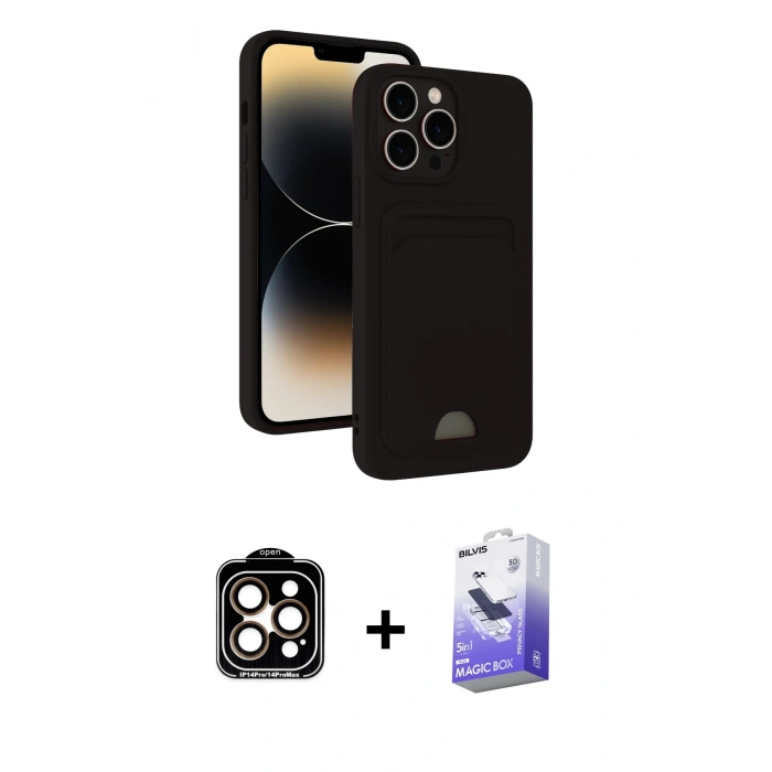 MARSİLYAN™- iPhone 15 Pro Max Kılıf Vadi Çizgi Prime - Siyah Bilvis 5in1 5D Magic Hayalet Cam Ekran Koruyucu + PVD Metal Kamera Lens - TU