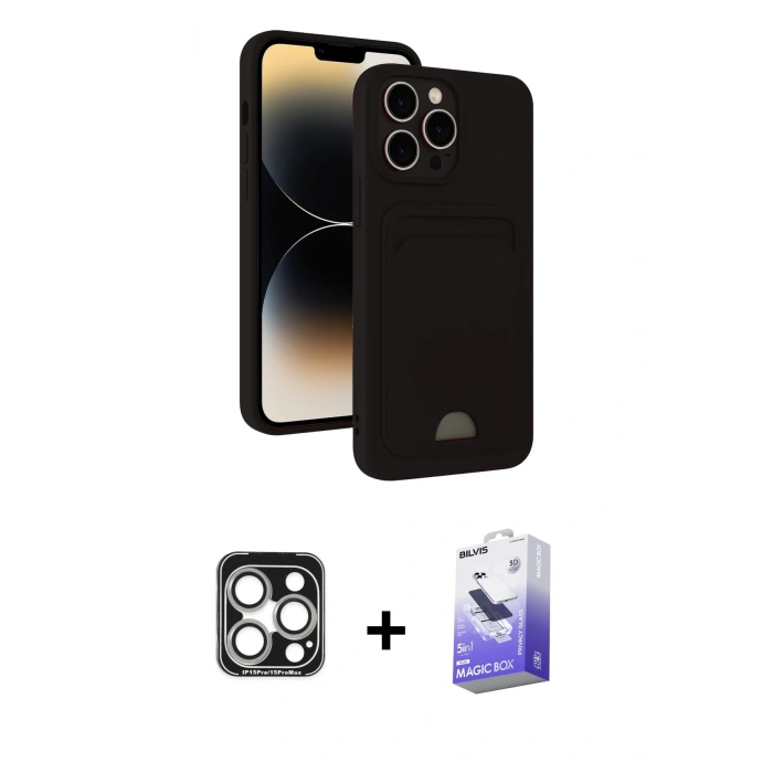 MARSİLYAN™- iPhone 15 Pro Max Kılıf Vadi Çizgi Prime - Siyah Bilvis 5in1 5D Magic Hayalet Cam Ekran Koruyucu + PVD Metal Kamera Lens - GS