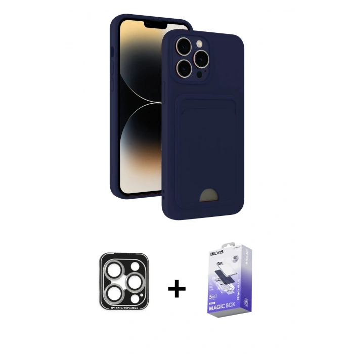 MARSİLYAN™- iPhone 15 Pro Max Kılıf Vadi Çizgi Prime - Siyah Bilvis 5in1 5D Magic Hayalet Cam Ekran Koruyucu + PVD Metal Kamera Lens - GS