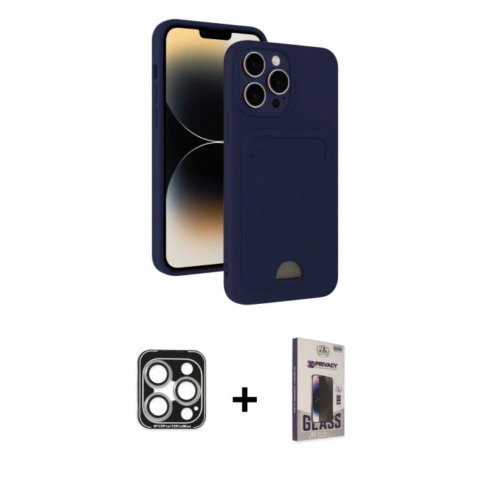 MARSİLYAN™- iPhone 15 Pro Max Kılıf Vadi Çizgi Prime - Siyah Bilvis Hayalet Cam Ekran Koruyucu + PVD Metal Kamera Lens - GS