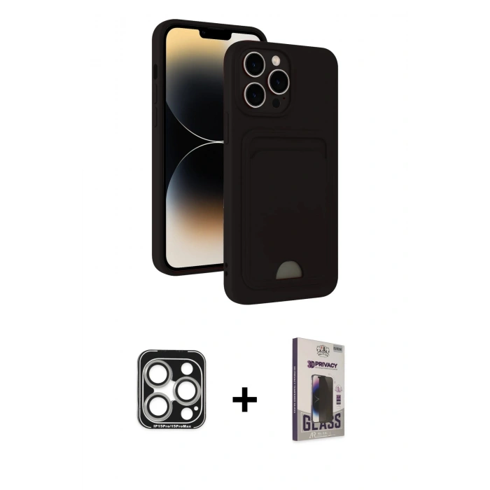MARSİLYAN™- iPhone 15 Pro Max Kılıf Vadi Çizgi Prime - Siyah Bilvis Hayalet Cam Ekran Koruyucu + PVD Metal Kamera Lens - GS