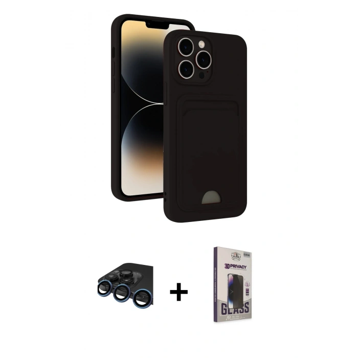 MARSİLYAN™- iPhone 15 Pro Max Kılıf Vadi Çizgi Prime - Siyah Bilvis Hayalet Cam Ekran Koruyucu + Raze Metal Kamera Lens - LT