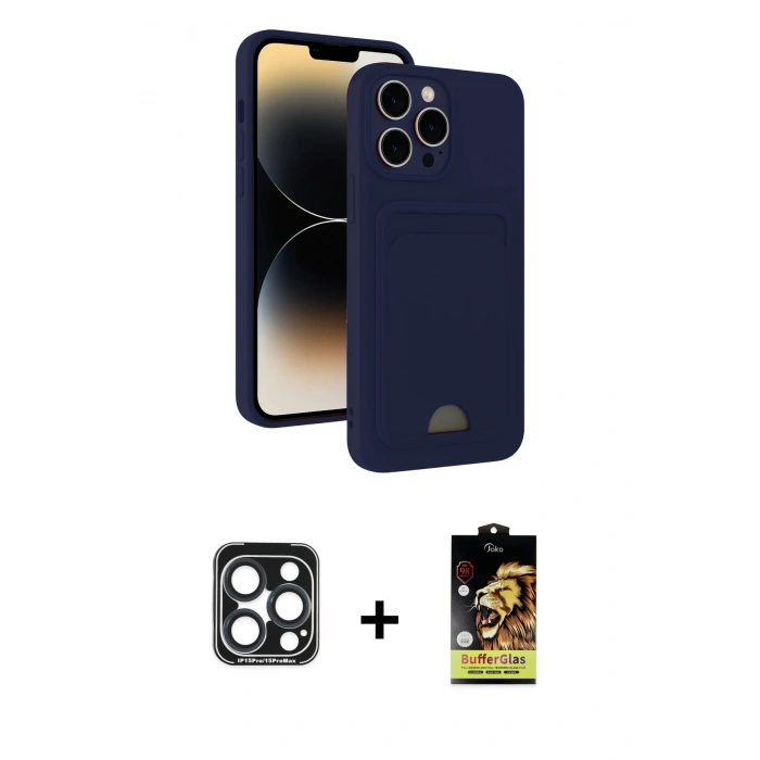 MARSİLYAN™- iPhone 15 Pro Max Kılıf Vadi Çizgi Prime - Siyah Buffer Cam Ekran Koruyucu + PVD Metal Kamera Lens - LT