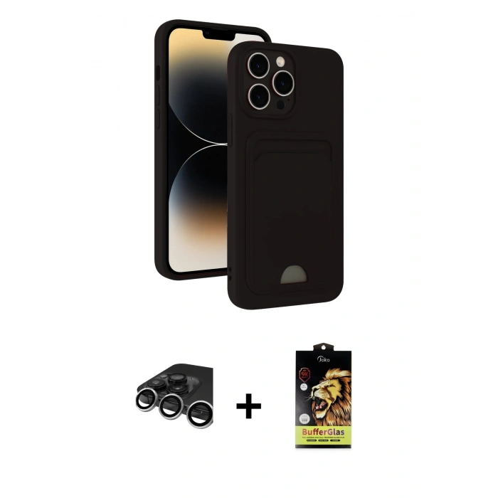 MARSİLYAN™- iPhone 15 Pro Max Kılıf Vadi Çizgi Prime - Siyah Buffer Cam Ekran Koruyucu + Raze Metal Kamera Lens - GS