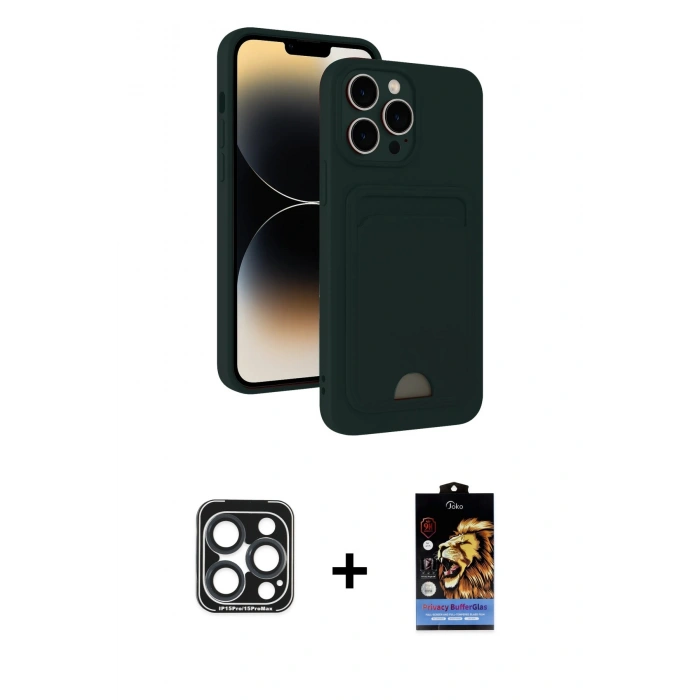 MARSİLYAN™- iPhone 15 Pro Max Kılıf Vadi Çizgi Prime - Siyah Buffer Hayalet Cam Ekran Koruyucu + PVD Metal Kamera Lens - LT