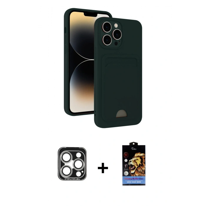 MARSİLYAN™- iPhone 15 Pro Max Kılıf Vadi Çizgi Prime - Siyah Buffer Hayalet Cam Ekran Koruyucu + PVD Metal Kamera Lens - GS