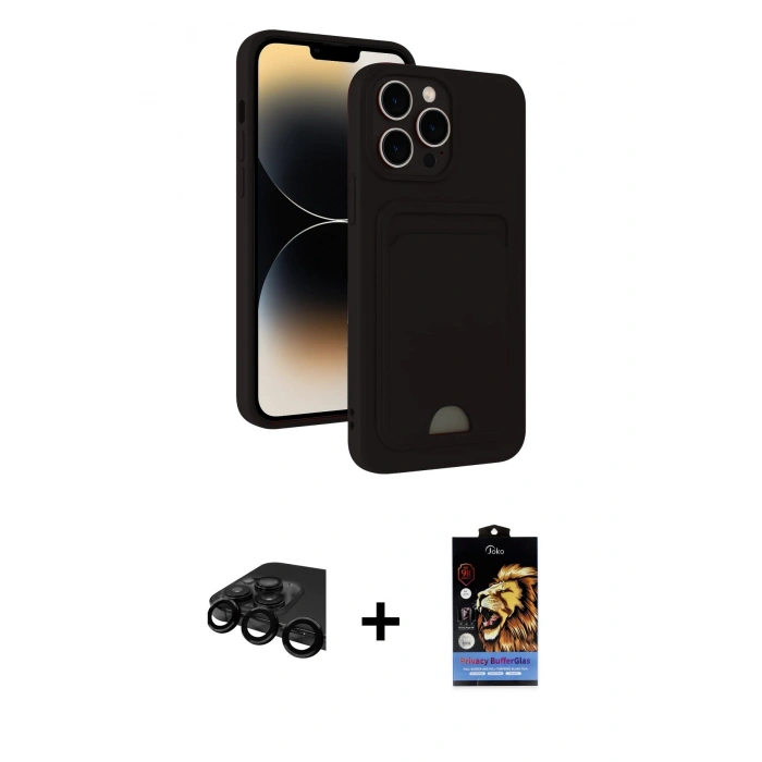 MARSİLYAN™- iPhone 15 Pro Max Kılıf Vadi Çizgi Prime - Siyah Buffer Hayalet Cam Ekran Koruyucu + Raze Metal Kamera Lens - SH