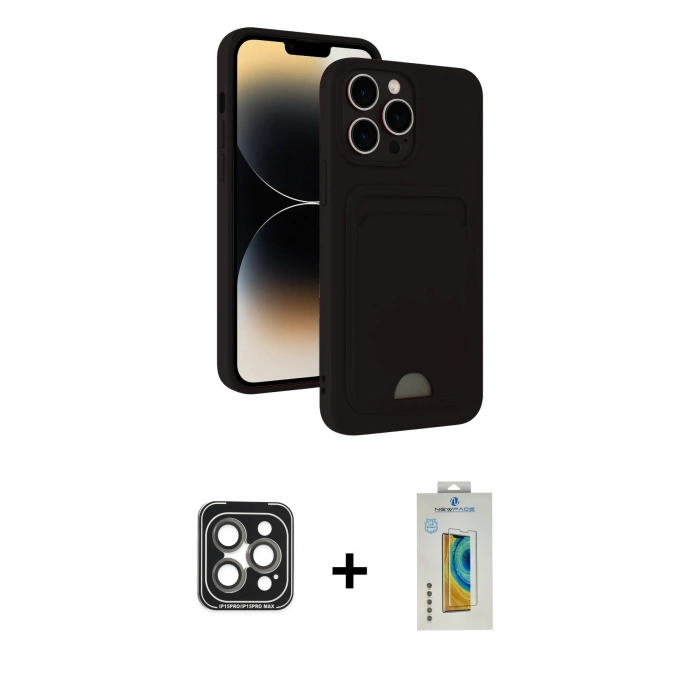 MARSİLYAN™- iPhone 15 Pro Max Kılıf Vadi Çizgi Prime - Siyah Polymer Nano Ekran Koruyucu + PVD Metal Kamera Lens - GI