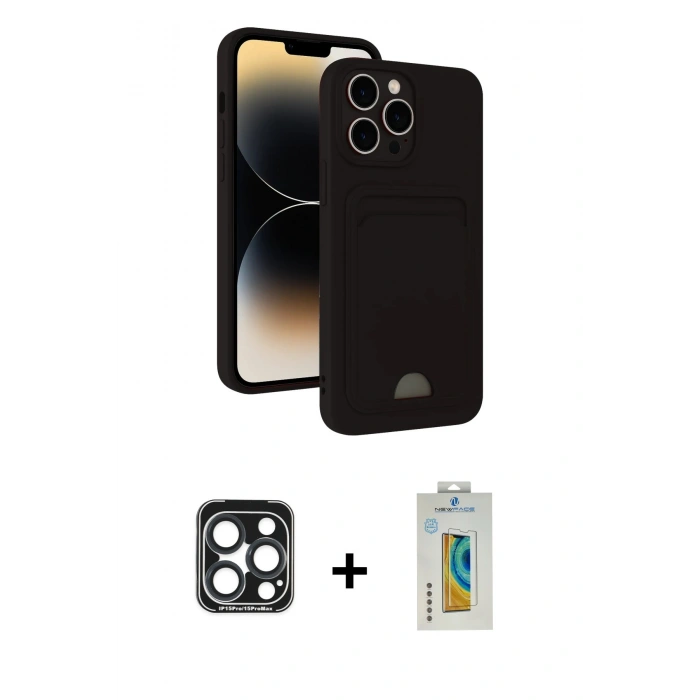 MARSİLYAN™- iPhone 15 Pro Max Kılıf Vadi Çizgi Prime - Siyah Polymer Nano Ekran Koruyucu + PVD Metal Kamera Lens - LT