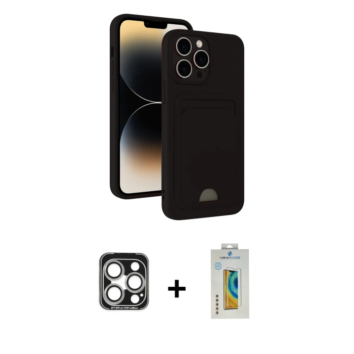 MARSİLYAN™- iPhone 15 Pro Max Kılıf Vadi Çizgi Prime - Siyah Polymer Nano Ekran Koruyucu + PVD Metal Kamera Lens - GS