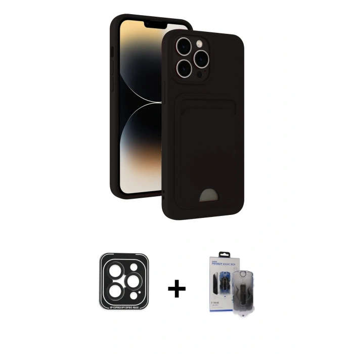 MARSİLYAN™- iPhone 15 Pro Max Kılıf Vadi Çizgi Prime - Siyah Vanessa Magic Hayalet Cam + PVD Metal Kamera Lens - SH