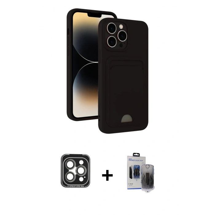 MARSİLYAN™- iPhone 15 Pro Max Kılıf Vadi Çizgi Prime - Siyah Vanessa Magic Hayalet Cam + PVD Metal Kamera Lens - GI