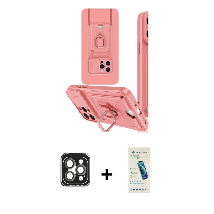 MARSİLYAN™- iPhone 15 Pro Max Kılıf Vadi Form Prime - Şeffaf Pasifik Cam Ekran Koruyucu + PVD Metal Kamera Lens - GI