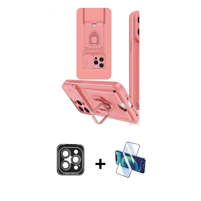 MARSİLYAN™- iPhone 15 Pro Max Kılıf Vadi Form Prime - Siyah 3D Antistatik Seramik Nano Ekran Koruyucu + Gri PVD Metal Kamera Lens