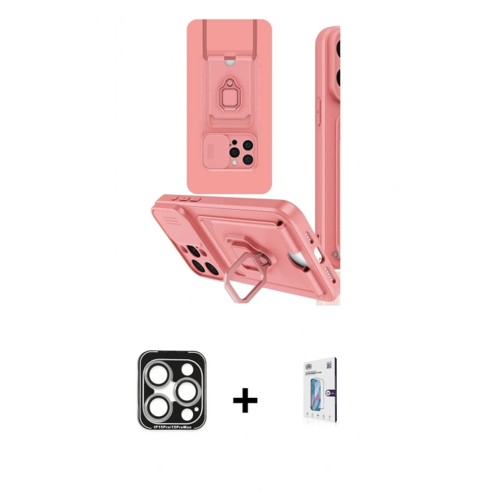 MARSİLYAN™- iPhone 15 Pro Max Kılıf Vadi Form Prime - Siyah Bilvis 0.18mm Plus Cam Ekran Koruyucu + PVD Metal Kamera Lens - GS