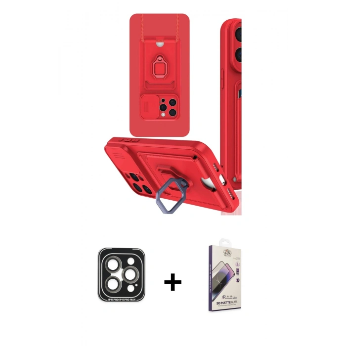 MARSİLYAN™- iPhone 15 Pro Max Kılıf Vadi Form Prime - Siyah Bilvis 3D Mat Cam Ekran Koruyucu + Gri PVD Metal Kamera Lens