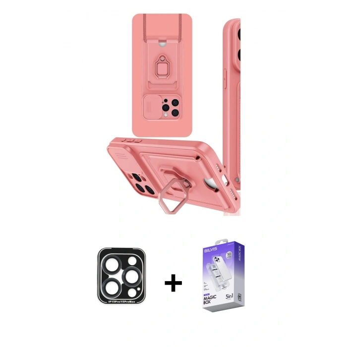MARSİLYAN™- iPhone 15 Pro Max Kılıf Vadi Form Prime - Siyah Bilvis 5in1 3D Magic Cam Ekran Koruyucu + PVD Metal Kamera Lens - LT