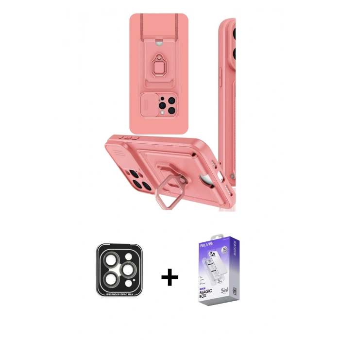 MARSİLYAN™- iPhone 15 Pro Max Kılıf Vadi Form Prime - Siyah Bilvis 5in1 3D Magic Cam Ekran Koruyucu + PVD Metal Kamera Lens - GI