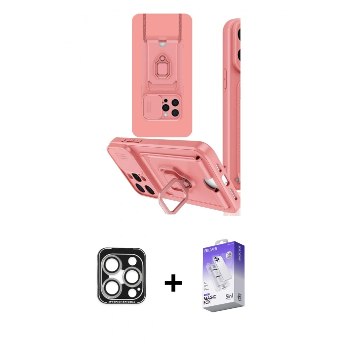 MARSİLYAN™- iPhone 15 Pro Max Kılıf Vadi Form Prime - Siyah Bilvis 5in1 3D Magic Cam Ekran Koruyucu + PVD Metal Kamera Lens - GS