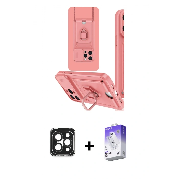 MARSİLYAN™- iPhone 15 Pro Max Kılıf Vadi Form Prime - Siyah Bilvis 5in1 3D Magic Cam Ekran Koruyucu + PVD Metal Kamera Lens - SH