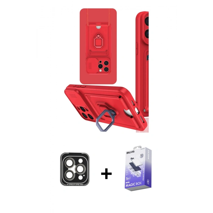 MARSİLYAN™- iPhone 15 Pro Max Kılıf Vadi Form Prime - Siyah Bilvis 5in1 5D Magic Hayalet Cam Ekran Koruyucu + PVD Metal Kamera Lens - GI