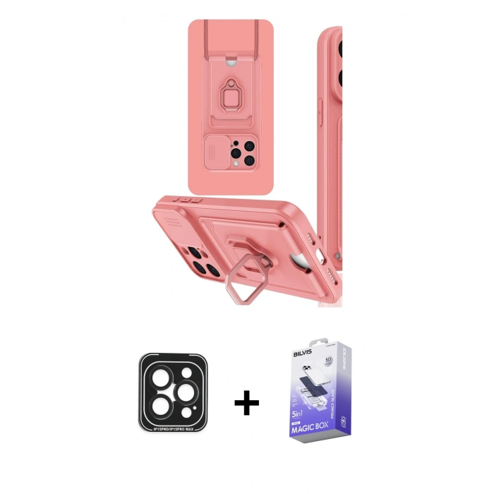 MARSİLYAN™- iPhone 15 Pro Max Kılıf Vadi Form Prime - Siyah Bilvis 5in1 5D Magic Hayalet Cam Ekran Koruyucu + PVD Metal Kamera Lens - SH