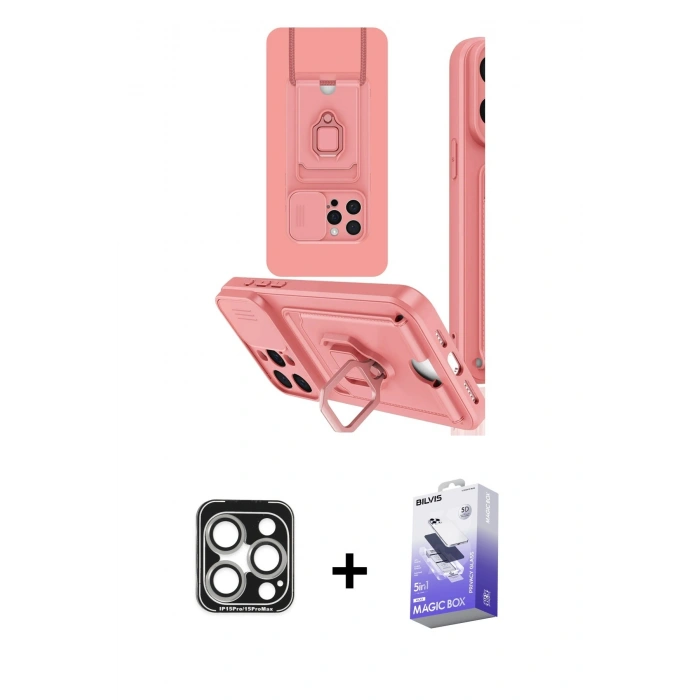 MARSİLYAN™- iPhone 15 Pro Max Kılıf Vadi Form Prime - Siyah Bilvis 5in1 5D Magic Hayalet Cam Ekran Koruyucu + Gümüş PVD Metal Kamera Lens