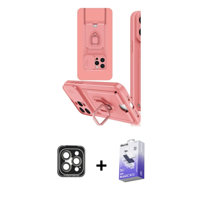 MARSİLYAN™- iPhone 15 Pro Max Kılıf Vadi Form Prime - Siyah Bilvis 5in1 5D Magic Hayalet Cam Ekran Koruyucu + PVD Metal Kamera Lens - GI