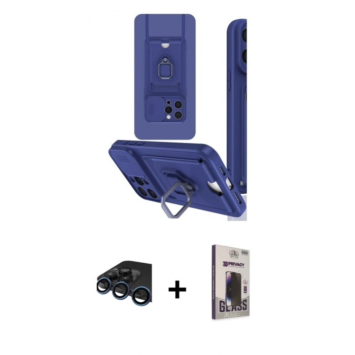 MARSİLYAN™- iPhone 15 Pro Max Kılıf Vadi Form Prime - Siyah Bilvis Hayalet Cam Ekran Koruyucu + Lacivert Raze Metal Kamera Lens