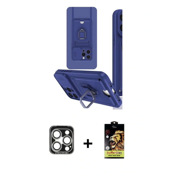 MARSİLYAN™- iPhone 15 Pro Max Kılıf Vadi Form Prime - Siyah Buffer Cam Ekran Koruyucu + PVD Metal Kamera Lens - GS