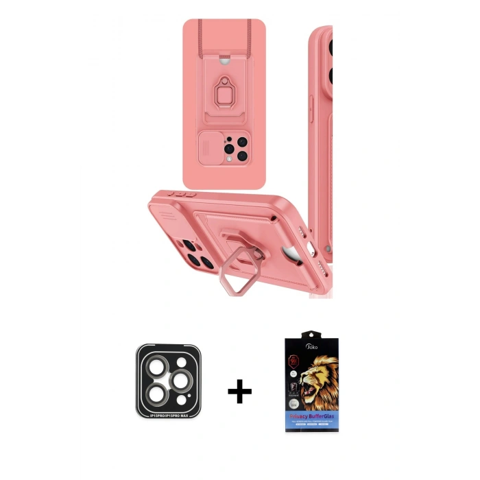 MARSİLYAN™- iPhone 15 Pro Max Kılıf Vadi Form Prime - Siyah Buffer Hayalet Cam Ekran Koruyucu + PVD Metal Kamera Lens - GI