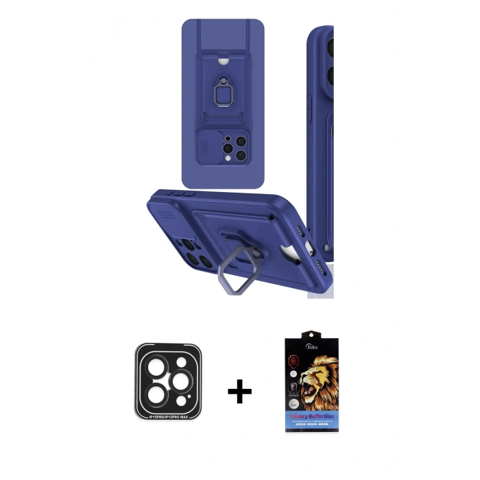 MARSİLYAN™- iPhone 15 Pro Max Kılıf Vadi Form Prime - Siyah Buffer Hayalet Cam Ekran Koruyucu + PVD Metal Kamera Lens - SH