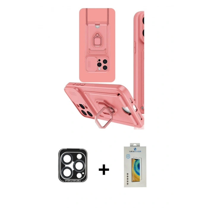 MARSİLYAN™- iPhone 15 Pro Max Kılıf Vadi Form Prime - Siyah Polymer Nano Ekran Koruyucu + Lacivert PVD Metal Kamera Lens