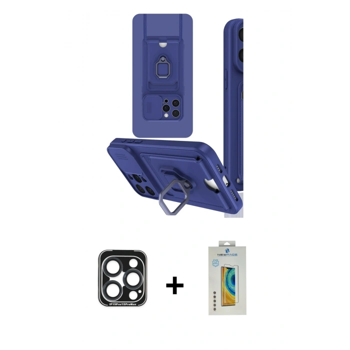 MARSİLYAN™- iPhone 15 Pro Max Kılıf Vadi Form Prime - Siyah Polymer Nano Ekran Koruyucu + Lacivert PVD Metal Kamera Lens