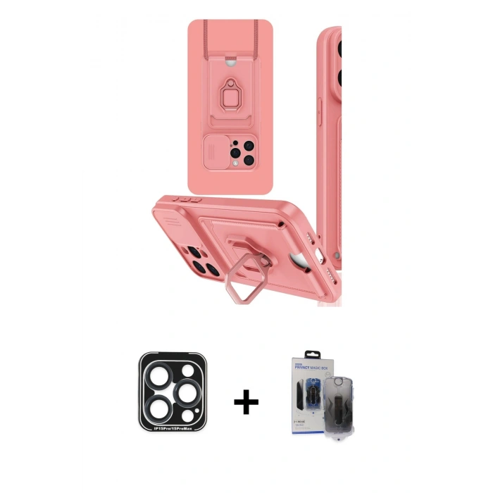 MARSİLYAN™- iPhone 15 Pro Max Kılıf Vadi Form Prime - Siyah Vanessa Magic Hayalet Cam + Lacivert PVD Metal Kamera Lens